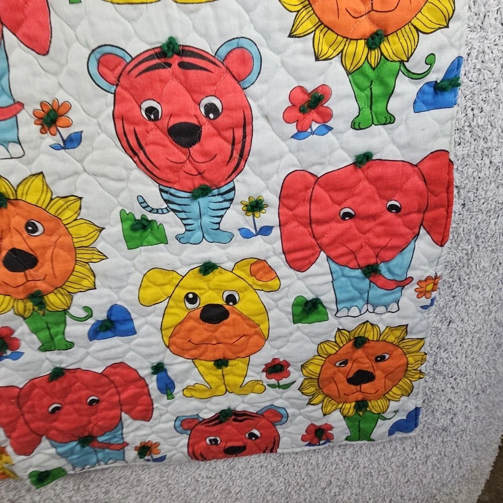 Vintage Animal Print Baby Quilt Blanket Handmade 46x39 Sunflowers Dogs One Sided